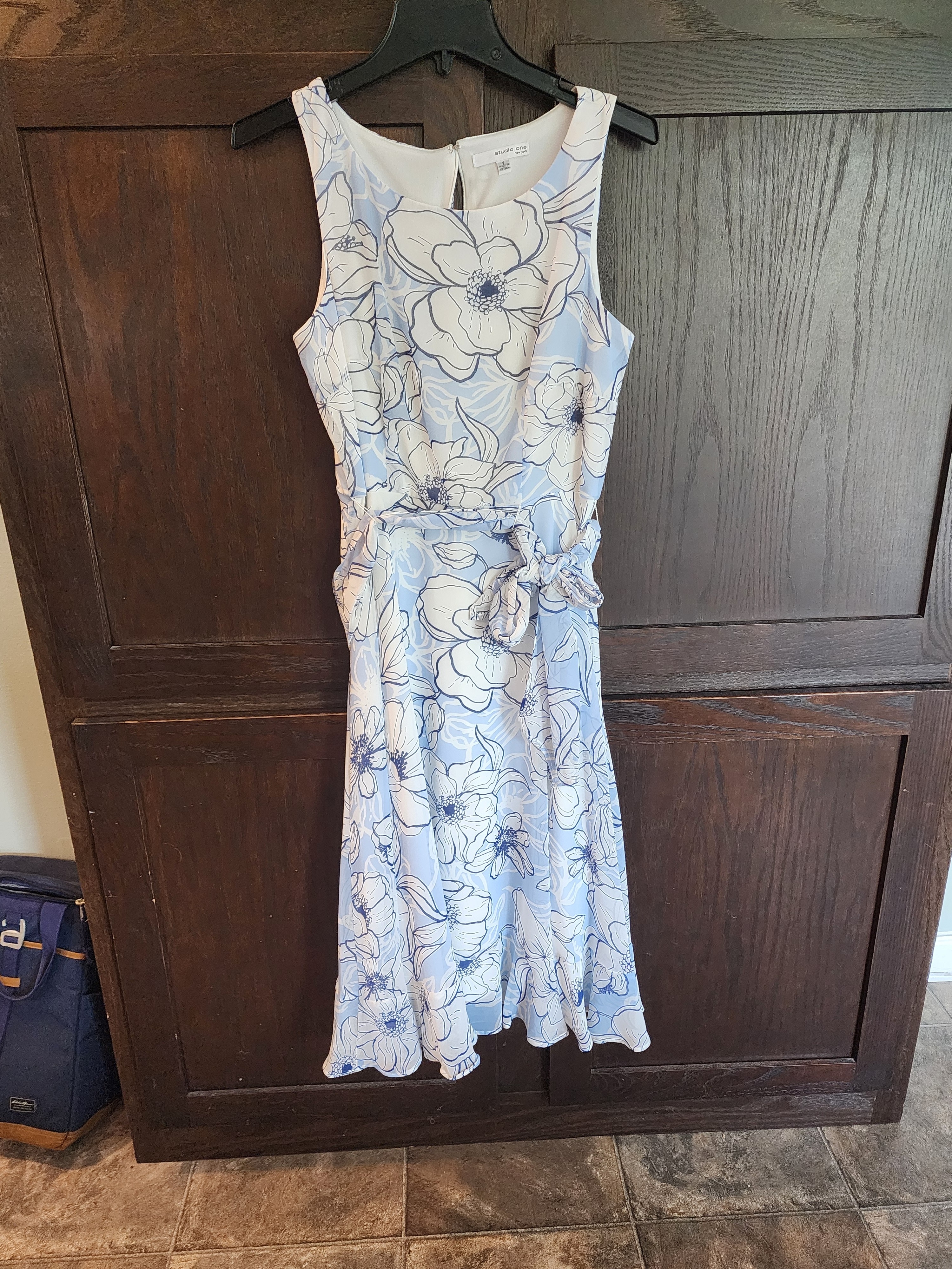 Studio One Light Blue And White Floral Midi Dress With Tie Waist